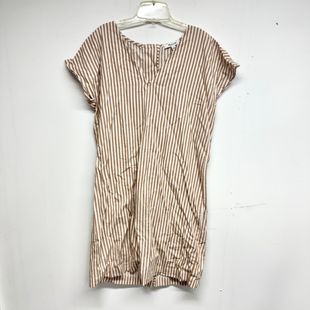 Madewell Shift Dress Womens XXS Tan White Striped V-Neck Button Back Mini Casual